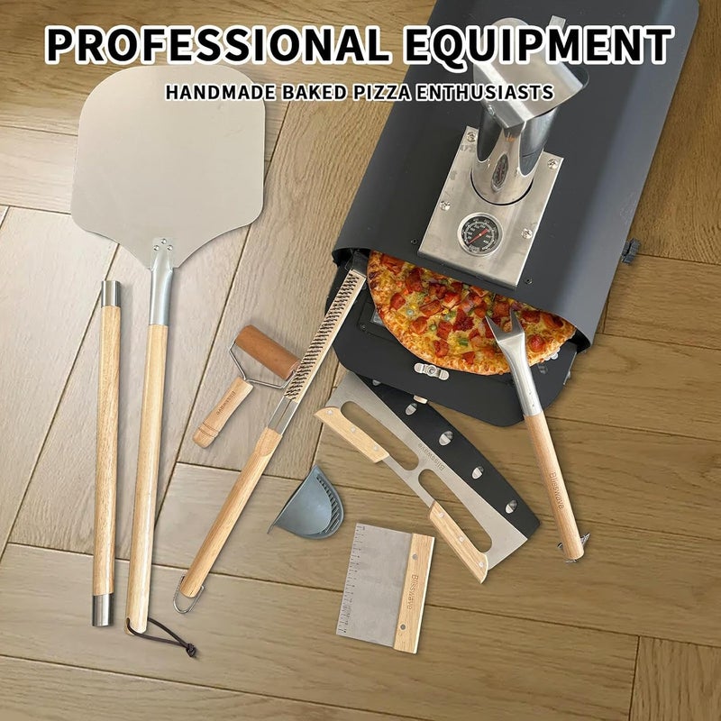 BLISSWAVE The 7-piece pizza oven accessory set is perfect for making pizza. Comprises a pizza shovel, an oven brush, a bubble Popper deformer, a rocking knife, a silica gel clamp, a dough roller and a scraper. - Image 3